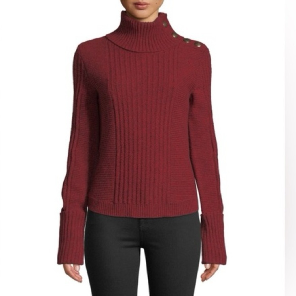 Veronica Beard 100% Lambswool Lucille Ribbed Button-Shoulder Turtleneck Sweater